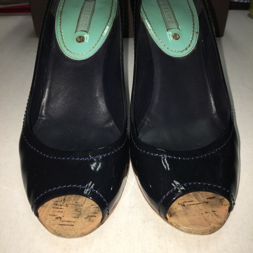Céline Navy Patent Leather Peep Toe Cork Pumps - Picture 6 of 8